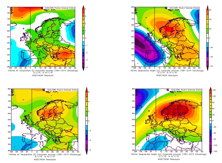 Figura 2. Anomalies de temperatura a nivell superficial (a 1000 hPa, en graus; esquerra) i anomalies d’altura geopotencial a 500 hPa (en metres; dreta), per a la primavera 2018 en conjunt (dalt) i per al mes de maig en particular (baix) (Productes obtinguts de NOAA/ESRL, via https://www.esrl.noaa.gov/psd/)